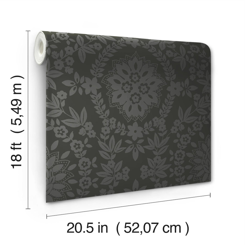 RoomMates Boho Baroque Damask Peel & Stick Black/Grey Wallpaper