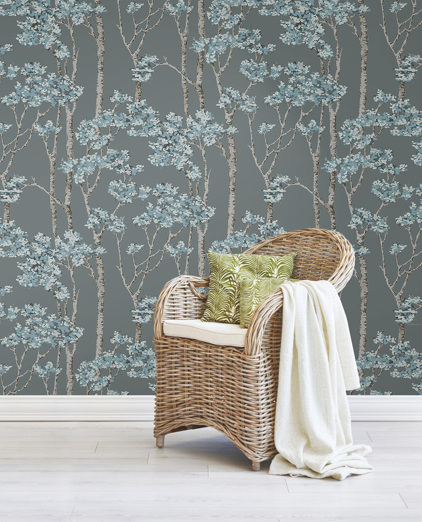 RoomMates Birch Grove Peel & Stick Blue/Brown/Grey Wallpaper