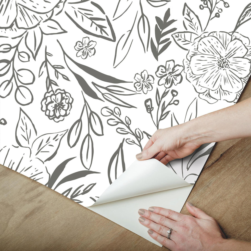 RoomMates Floral Sketch Peel & Stick Grey/White Wallpaper