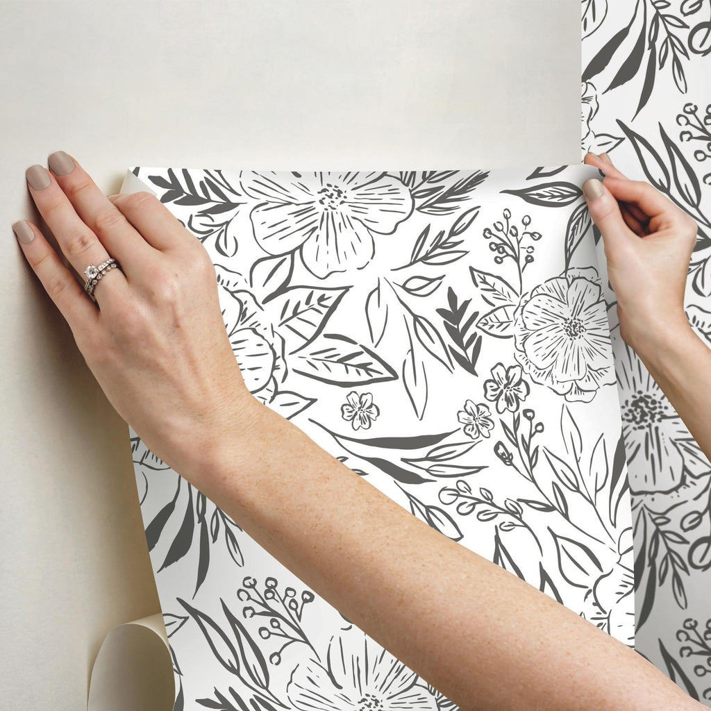 RoomMates Floral Sketch Peel & Stick Grey/White Wallpaper