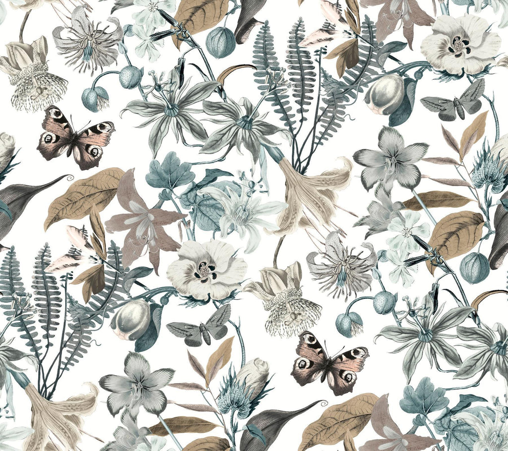 York Butterfly House White & Blue Wallpaper