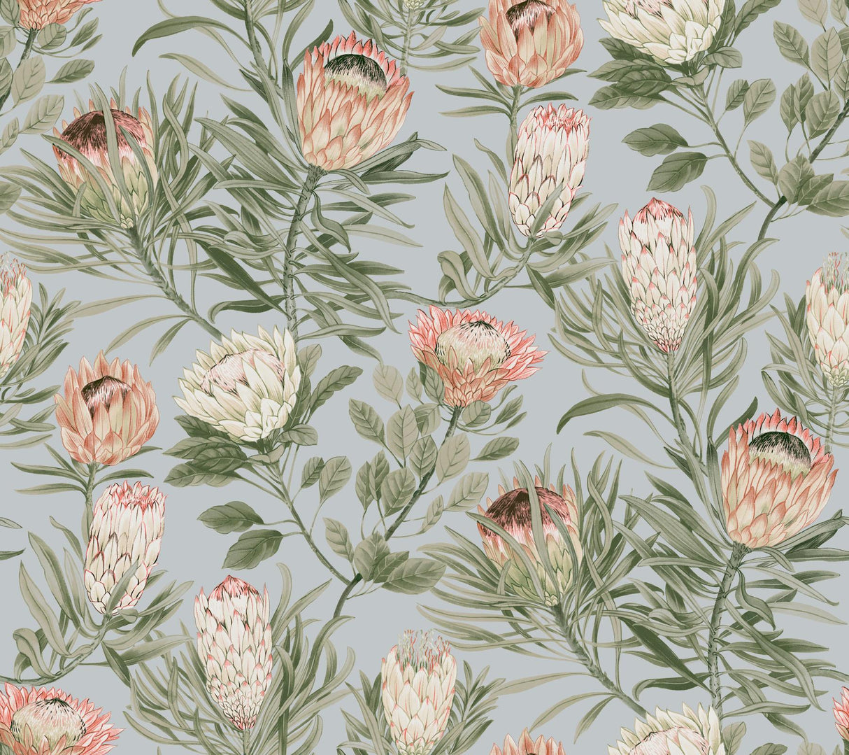 York Protea Dusty Blue & Coral Wallpaper
