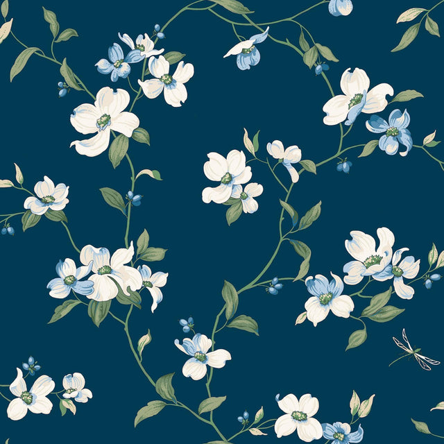 York Dogwood Navy Wallpaper