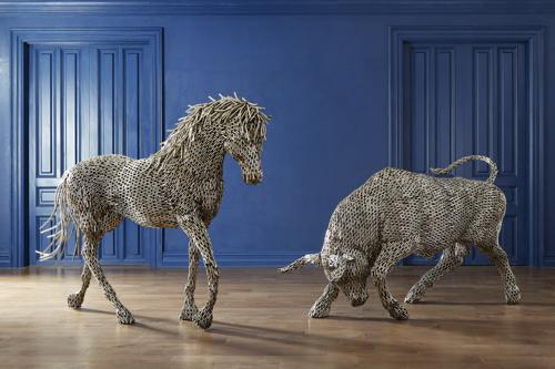 Phillips Collection Horse Pipe Sculpture, Walking Stainless Steel Accent