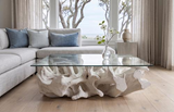 Phillips Collection Cast Root , White Stone With Glass Coffee Table