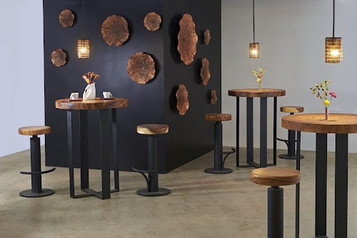 Phillips Collection Chuleta Bar Table on Black Metal Base Chamcha Wood Natural Bar Stool