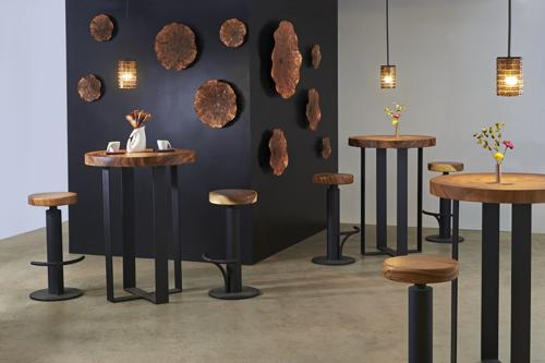 Phillips Collection Chuleta Bar Table on Black Metal Base Chamcha Wood Natural Bar Stool