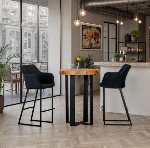 Phillips Collection Chuleta Bar Table on Black Metal Base Chamcha Wood Natural Bar Stool