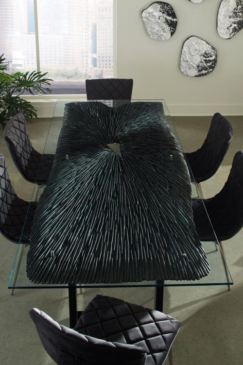 Phillips Collection Chainsaw  with Glass Burnt Black Black Iron U Legs Dining Table