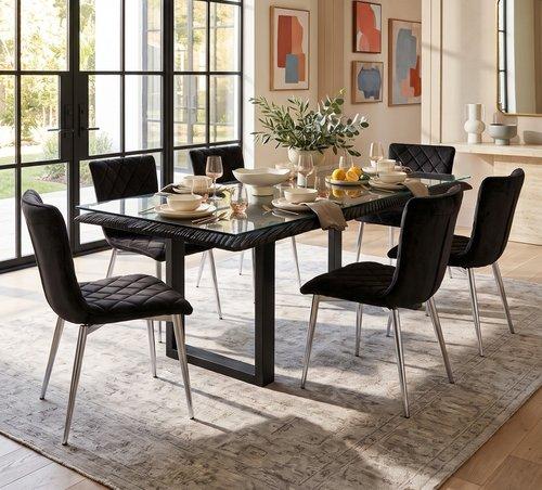Phillips Collection Chainsaw  with Glass Burnt Black Black Iron U Legs Dining Table