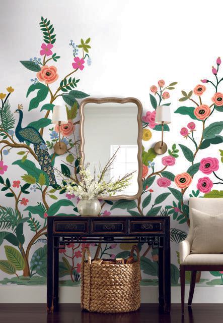 Rifle Peacock Mural White & Off-White Wallpaper