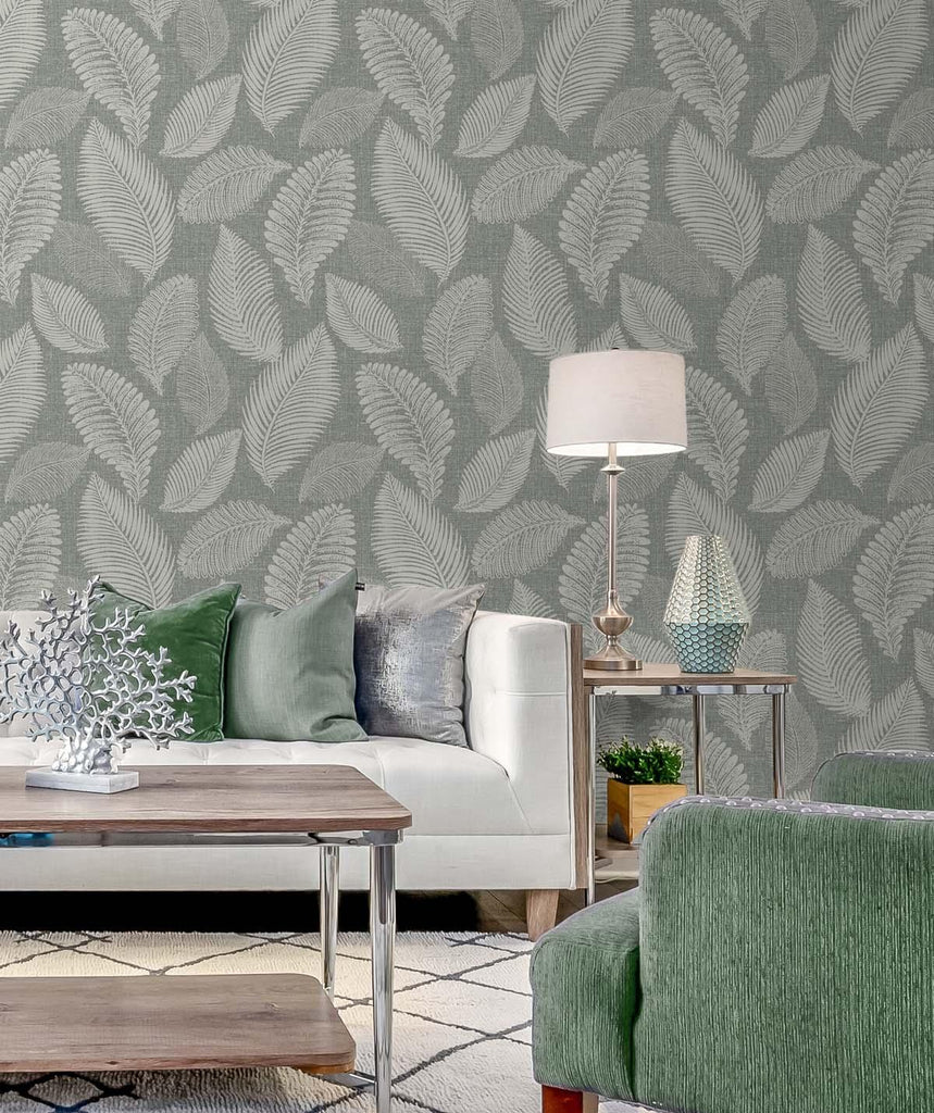 Seabrook Tossed Leaves Grey Wallpaper