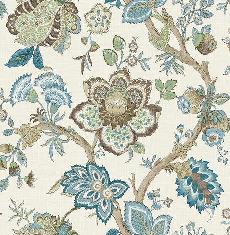 Seabrook Bernadette Jacobean Hickory Smoke & Blue Bell Wallpaper