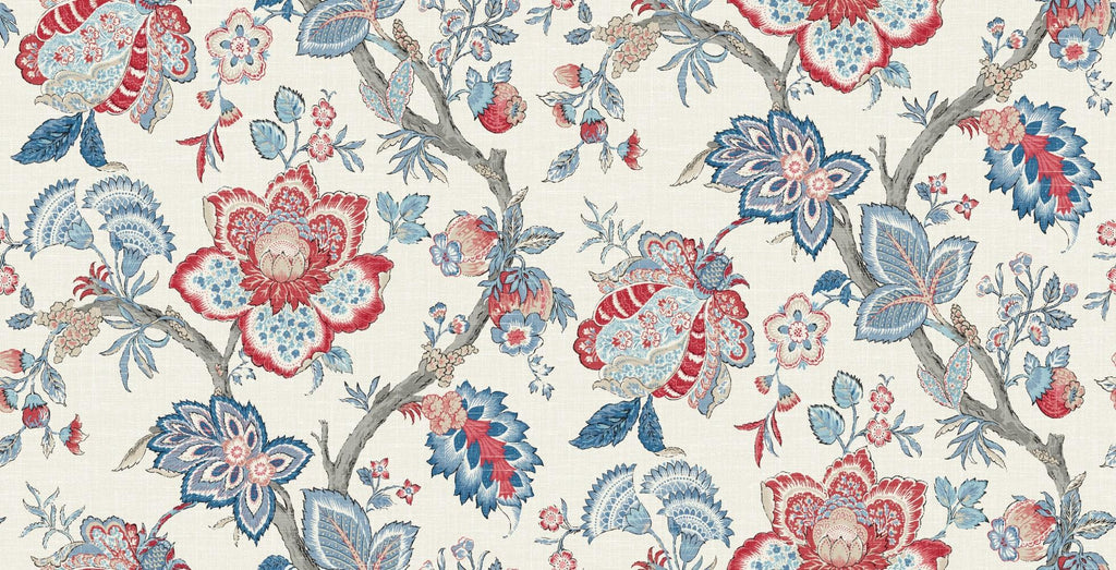 Seabrook Bernadette Linen Fabric French Blue & Antique Ruby Fabric