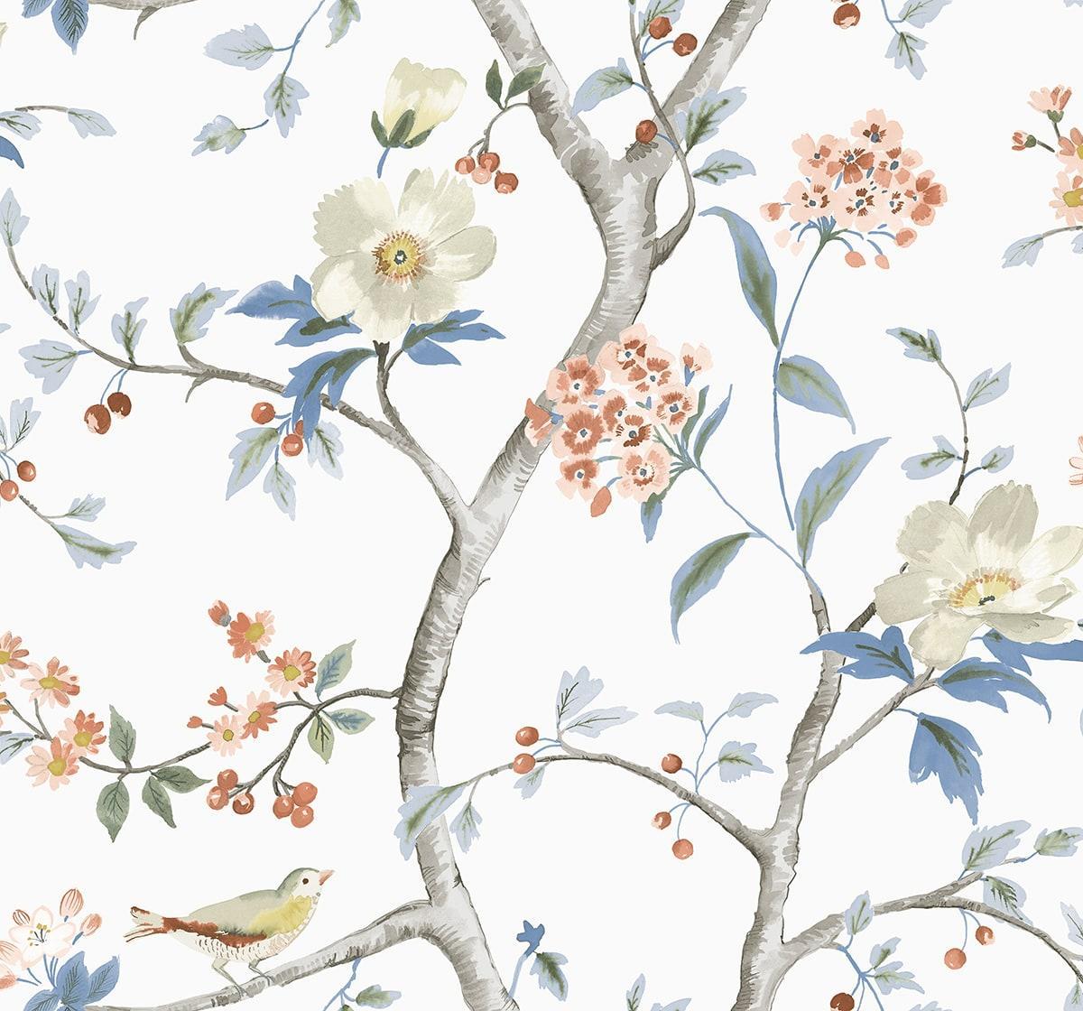 Seabrook Sparrow Haven Melon & Carolina Blue Wallpaper