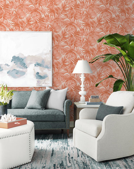Seabrook Cordelia Tossed Palms Orange Wallpaper