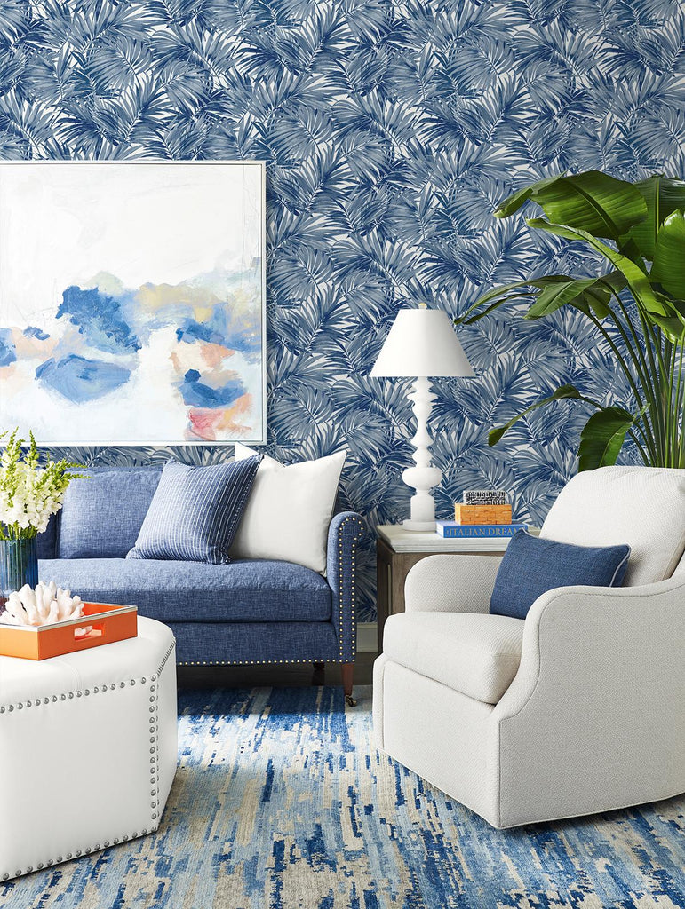 Seabrook Cordelia Tossed Palms Blue Wallpaper
