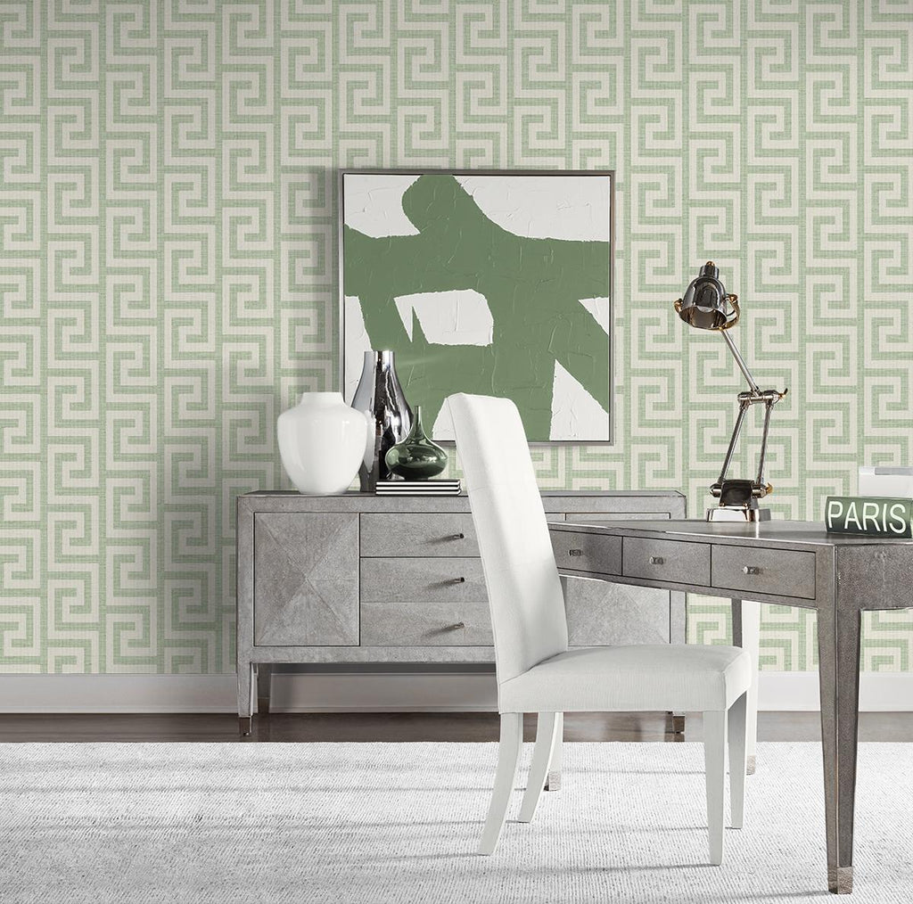 Seabrook Luna Retreat Greek Key Green Wallpaper