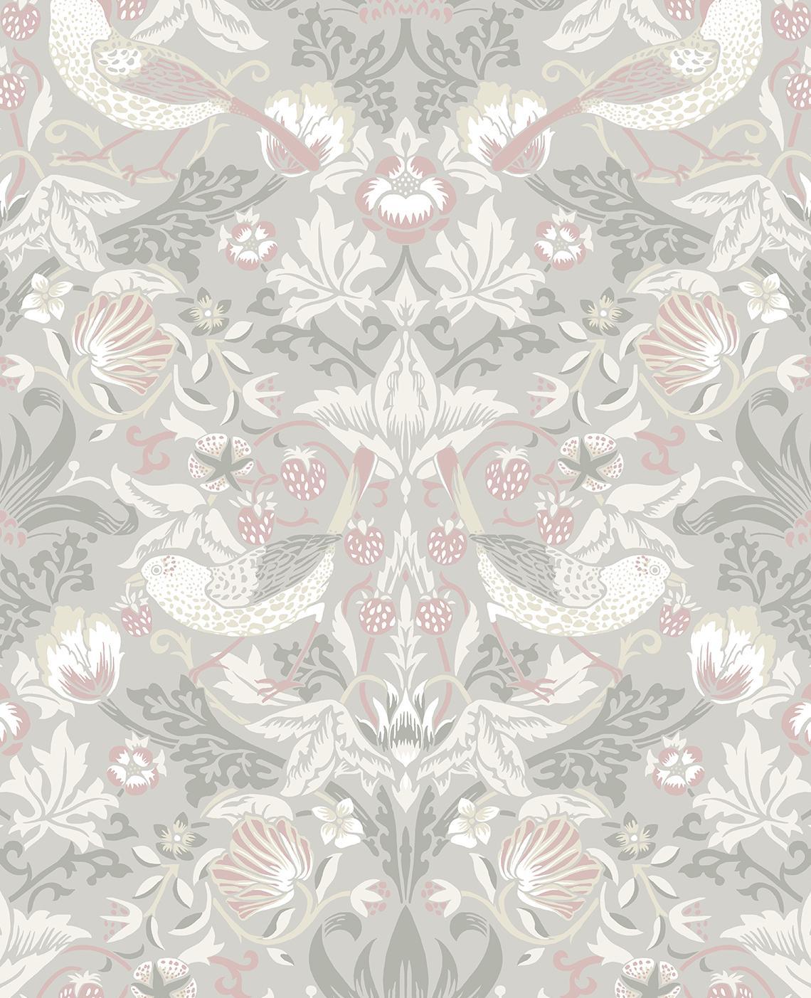 Seabrook Fragaria Garden Light Grey & Rose Petal Wallpaper