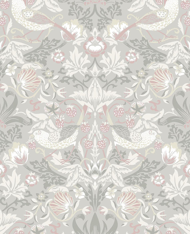 Seabrook Fragaria Garden Light Grey & Rose Petal Wallpaper
