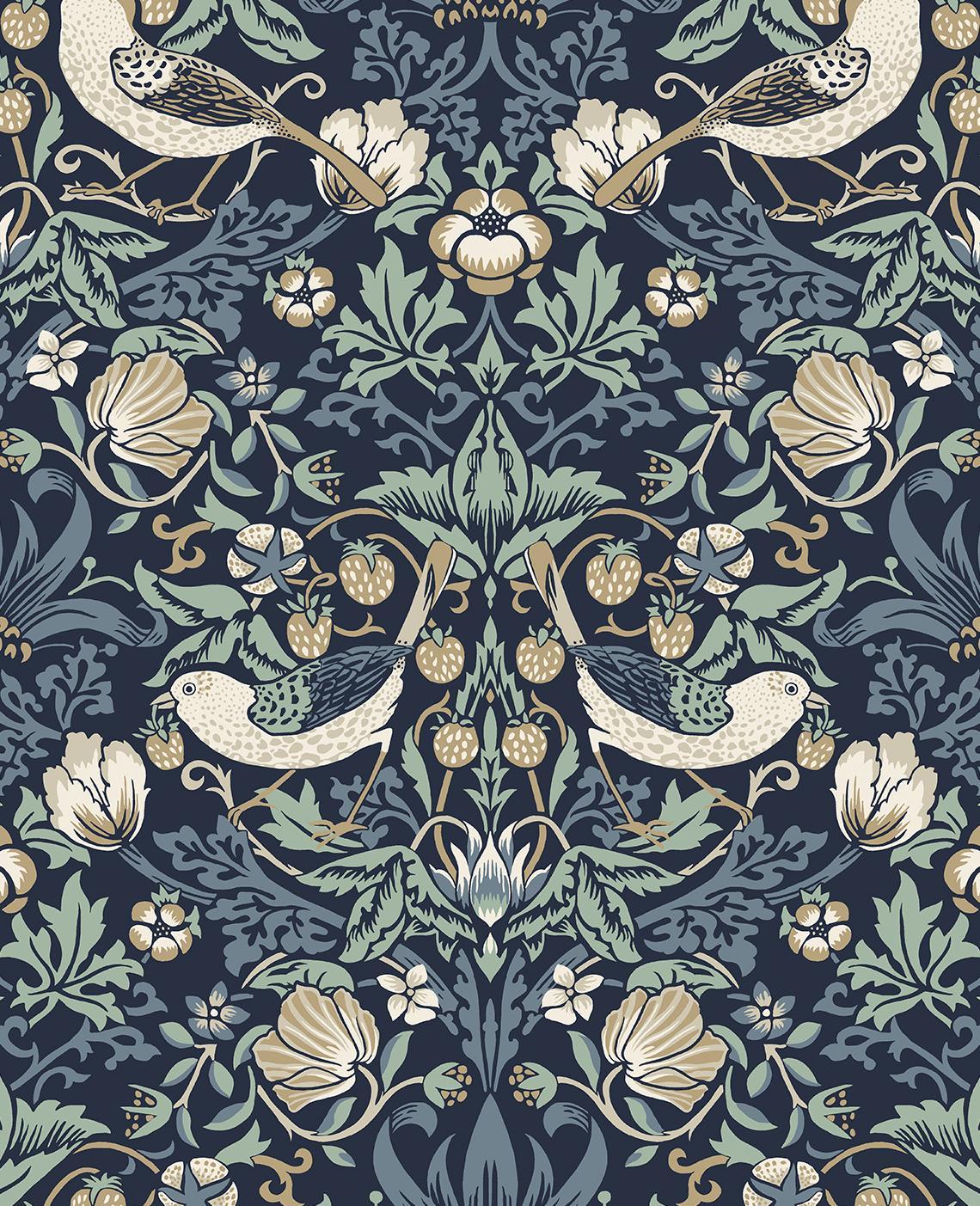 Seabrook Fragaria Garden Navy Blue & Aloe Wallpaper