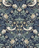Seabrook Fragaria Garden Navy Blue & Aloe Wallpaper