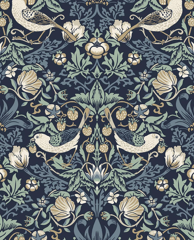 Seabrook Fragaria Garden Navy Blue & Aloe Wallpaper