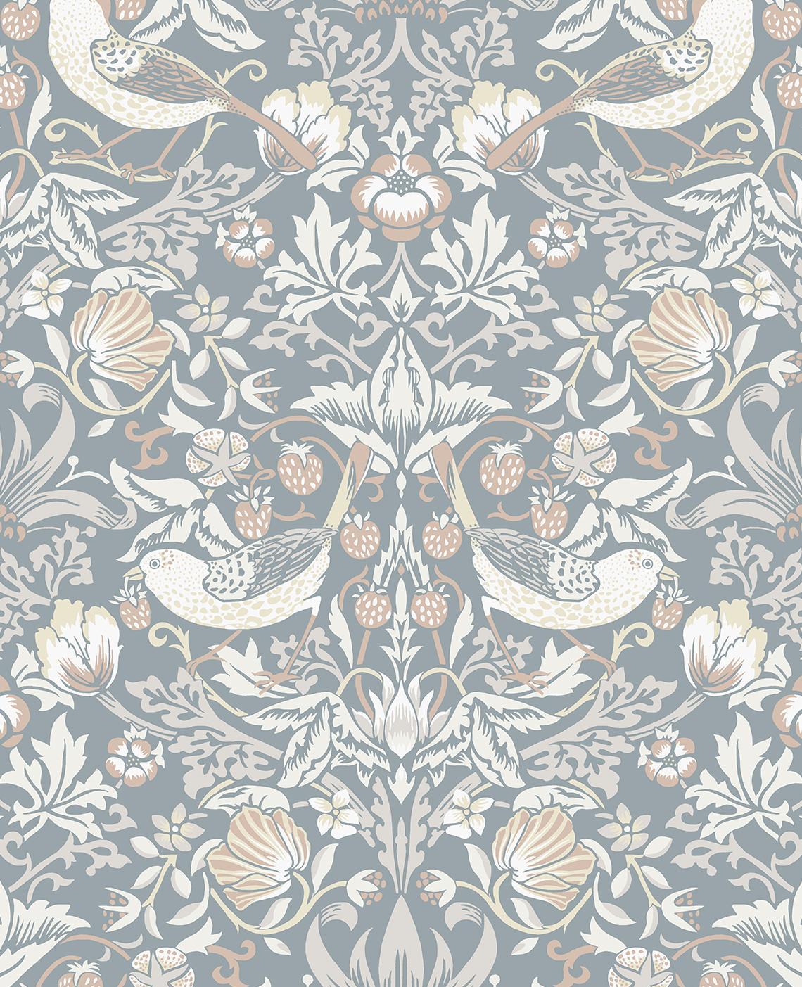Seabrook Fragaria Garden Blue Mist & Blush Wallpaper