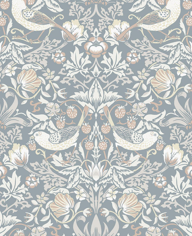 Seabrook Fragaria Garden Blue Mist & Blush Wallpaper