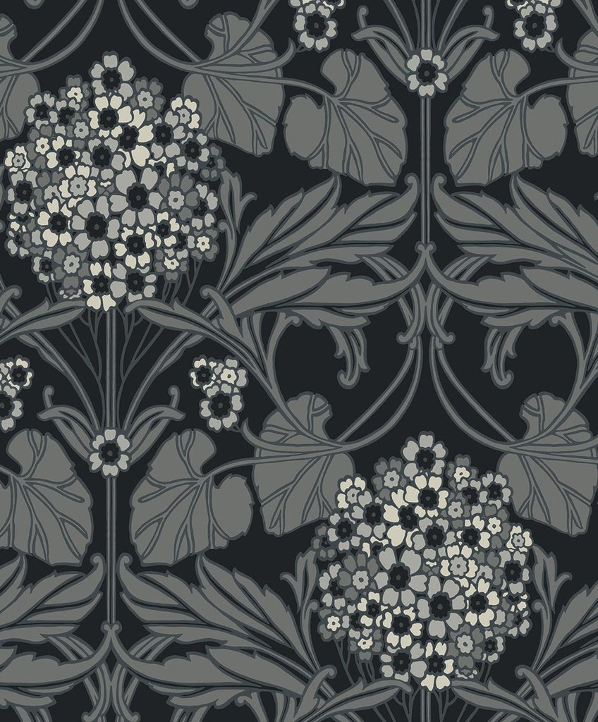 Seabrook Floral Hydrangea Ebony & Charcoal Wallpaper