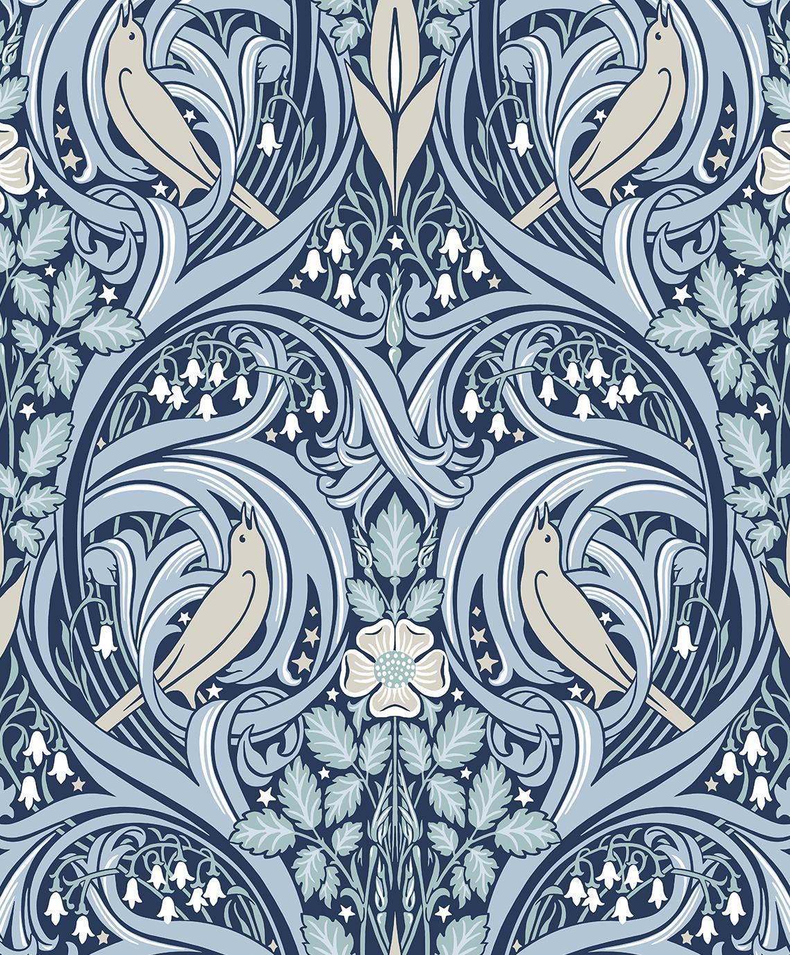 Seabrook Bird Scroll Denim & Blue Mist Wallpaper