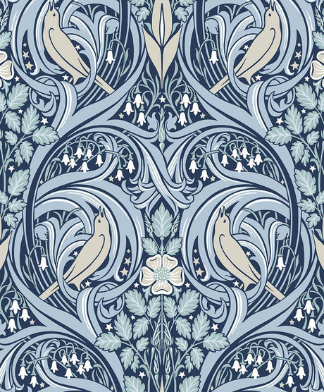 Seabrook Bird Scroll Denim & Blue Mist Wallpaper