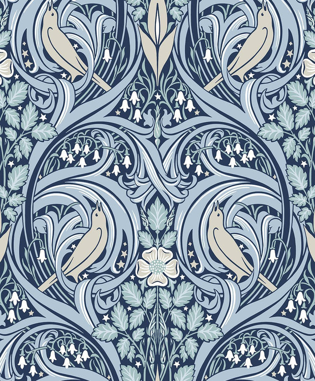 Seabrook Bird Scroll Denim & Blue Mist Wallpaper