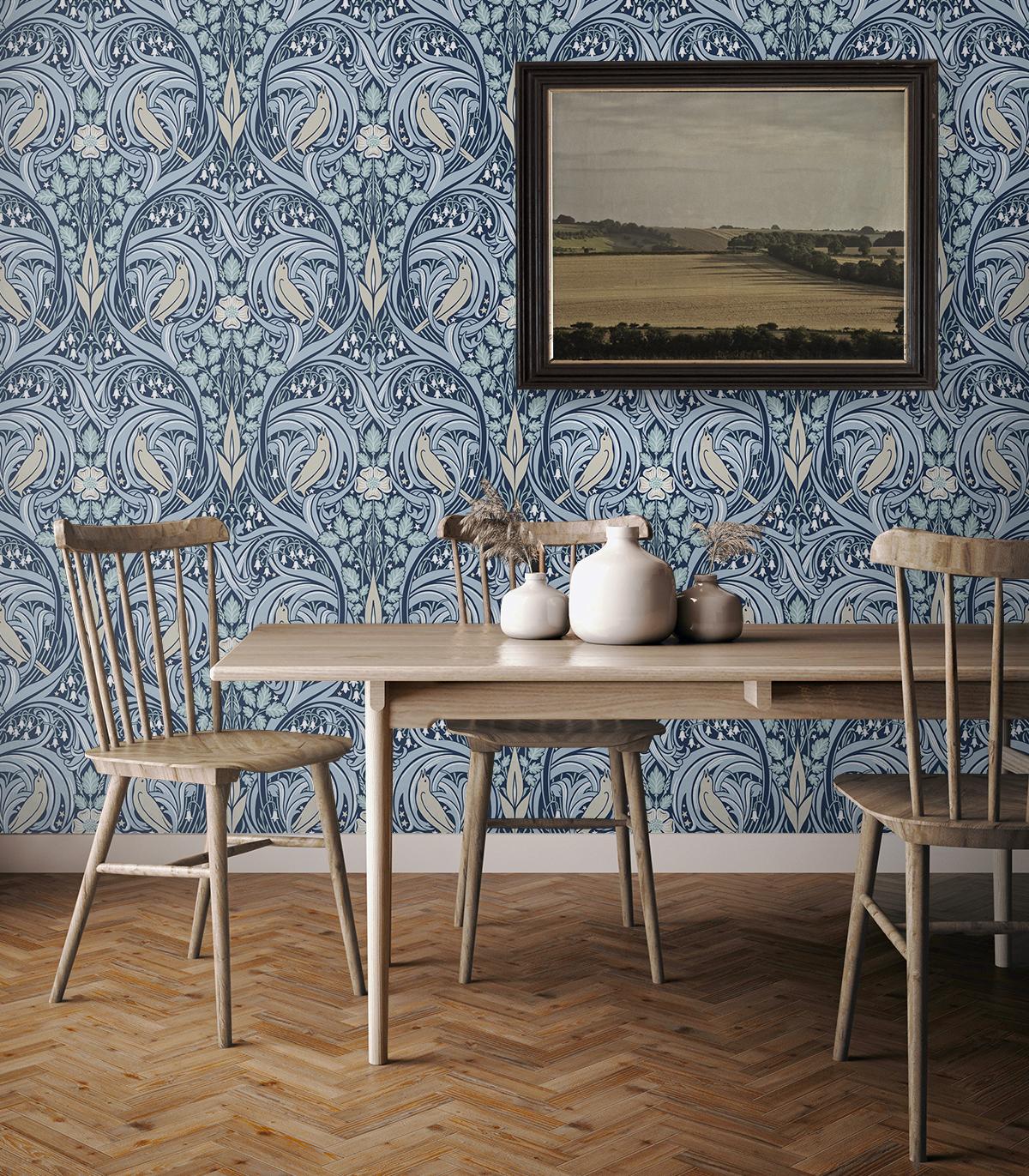 Seabrook Bird Scroll Blue Wallpaper