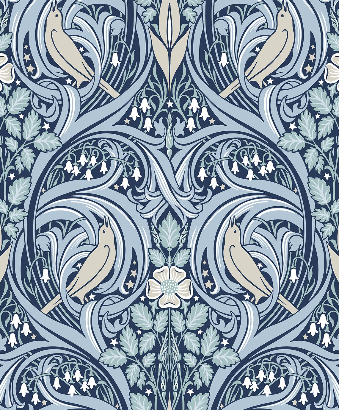 Seabrook Bird Scroll Blue Wallpaper