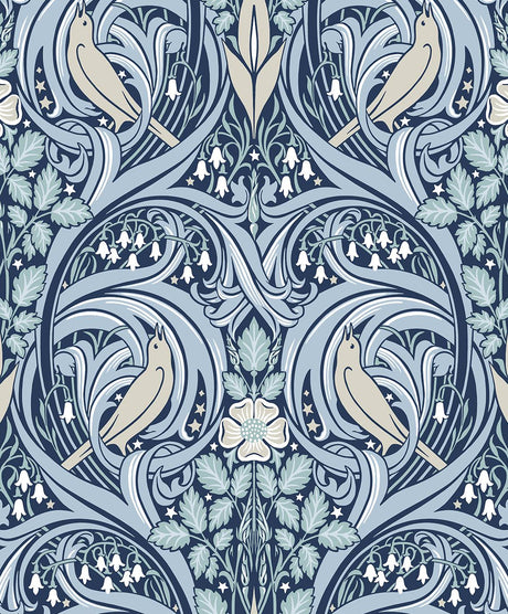Seabrook Bird Scroll Blue Wallpaper