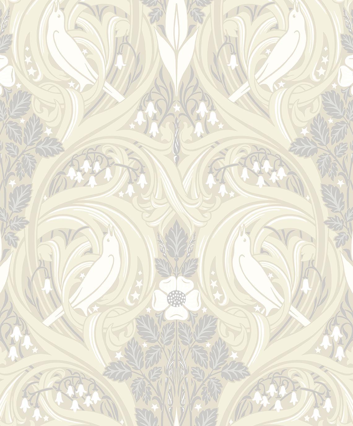 Seabrook Bird Scroll Swiss Coffee & Grey Wallpaper