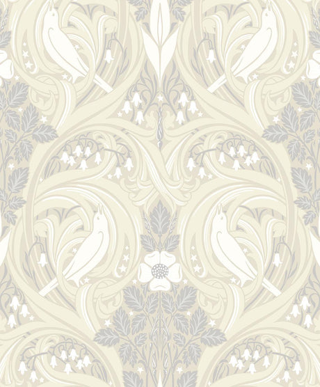 Seabrook Bird Scroll Swiss Coffee & Grey Wallpaper