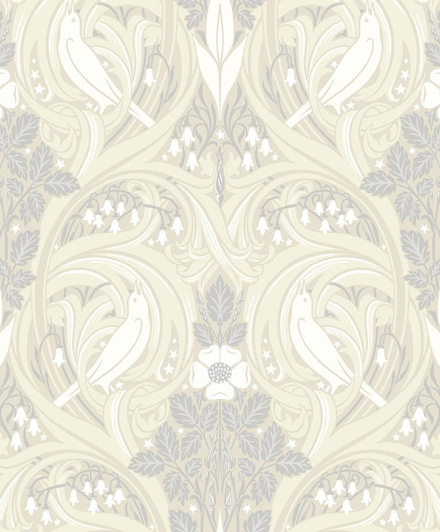 Seabrook Bird Scroll Swiss Coffee & Grey Wallpaper