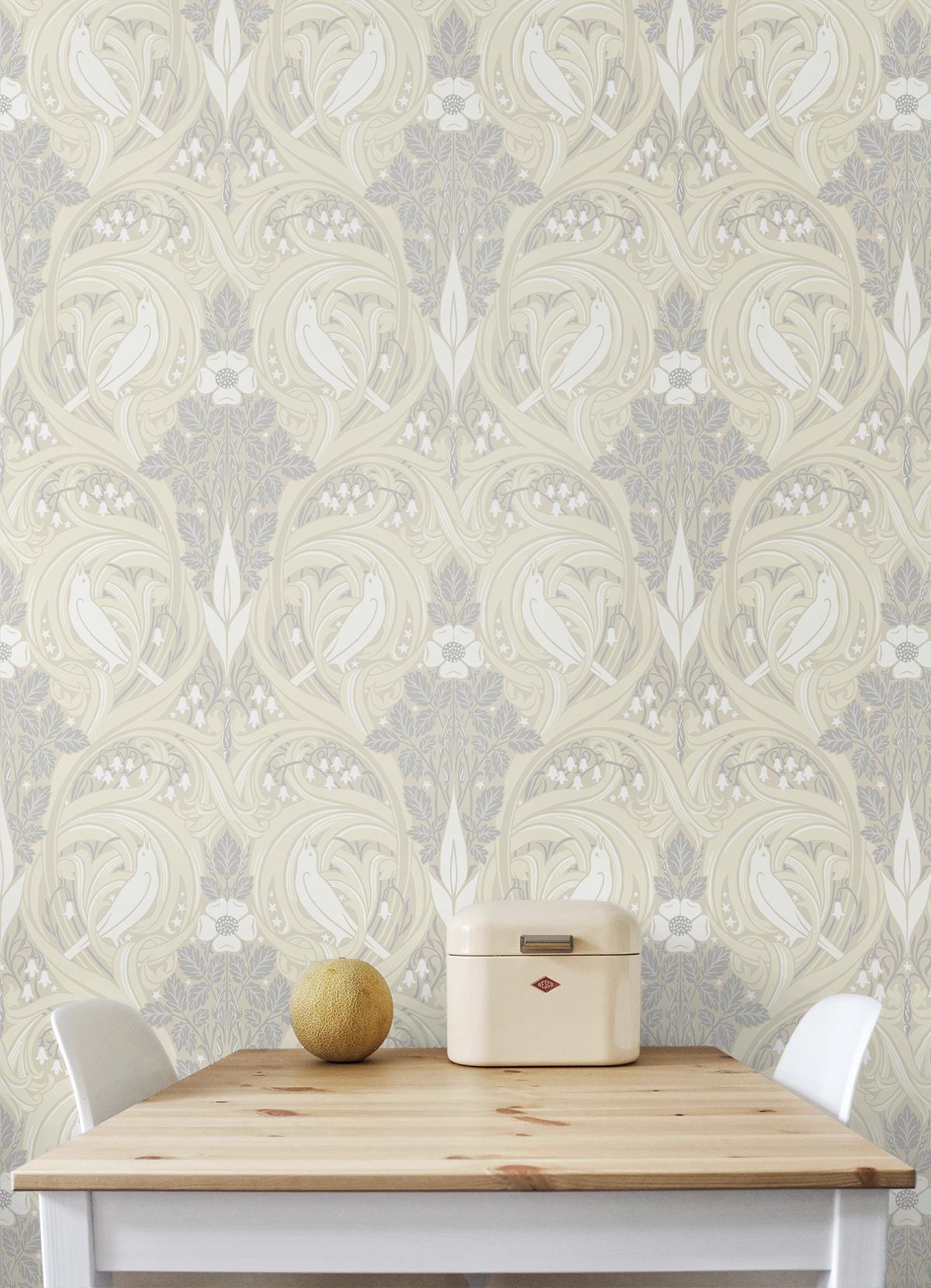 Seabrook Bird Scroll Beige Wallpaper