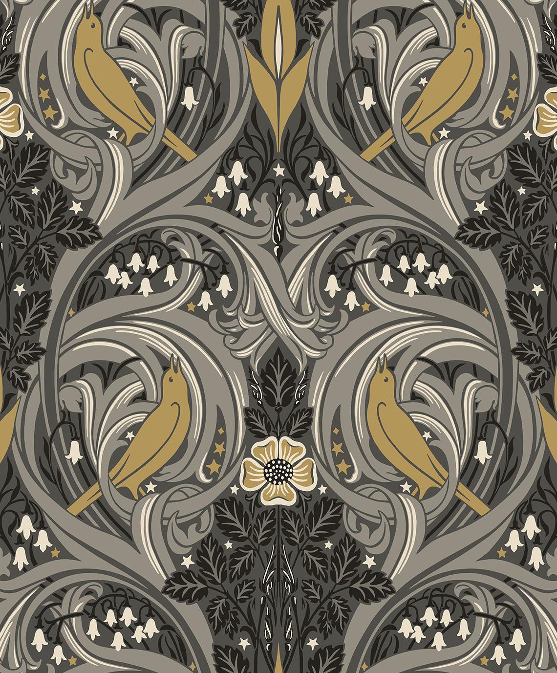 Seabrook Bird Scroll Charcoal & Goldenrod Wallpaper