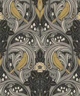 Seabrook Bird Scroll Charcoal & Goldenrod Wallpaper