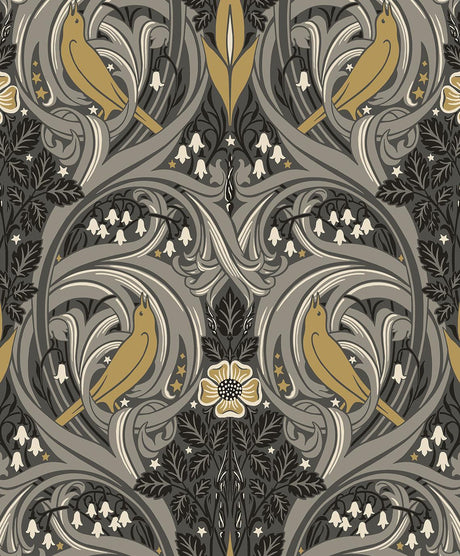Seabrook Bird Scroll Charcoal & Goldenrod Wallpaper