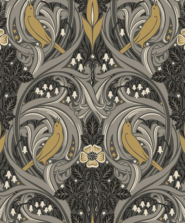 Seabrook Bird Scroll Charcoal & Goldenrod Wallpaper