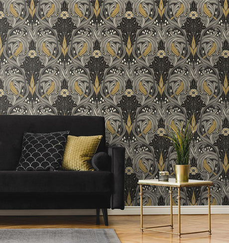 Seabrook Bird Scroll Grey Wallpaper