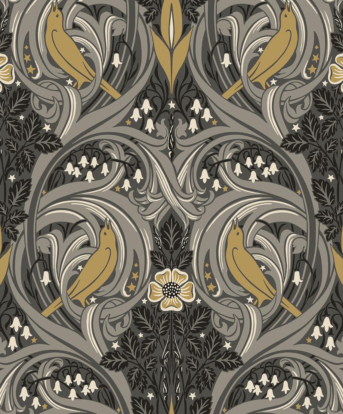 Seabrook Bird Scroll Grey Wallpaper