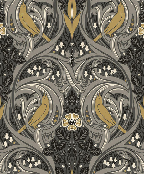 Seabrook Bird Scroll Grey Wallpaper