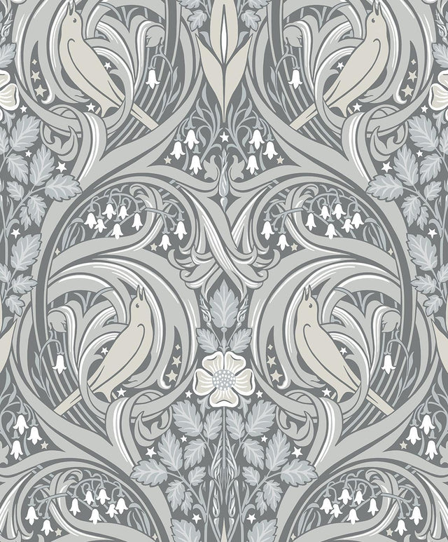 Seabrook Bird Scroll Argos Grey & Linen Wallpaper