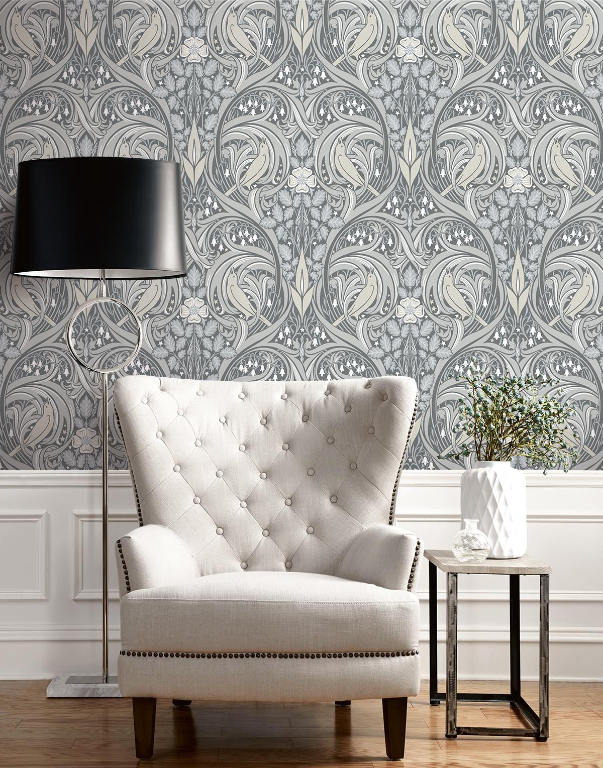 Seabrook Bird Scroll Grey Wallpaper