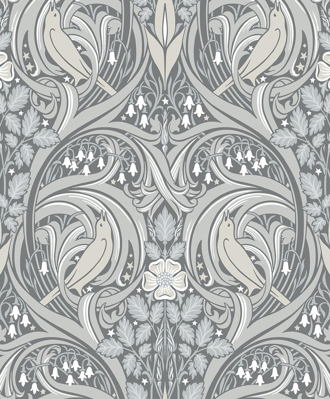 Seabrook Bird Scroll Grey Wallpaper